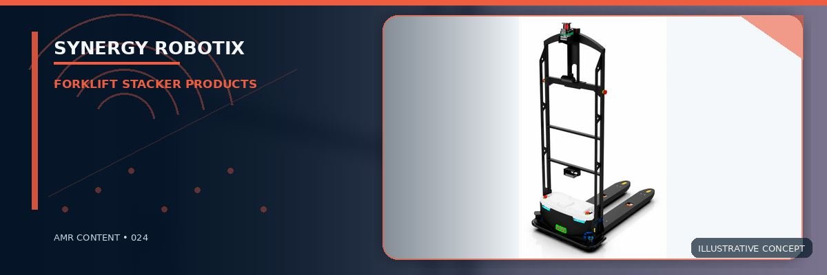 Compact autonomous pallet stacker in a white studio, three-quarter view