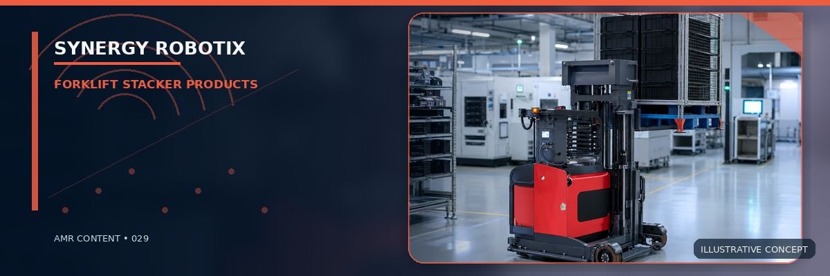 Red autonomous forklift carrying an industrial rack in a clean factory5-metre lift