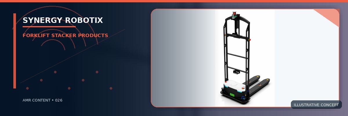 Compact autonomous pallet stacker in a white studio, three-quarter view