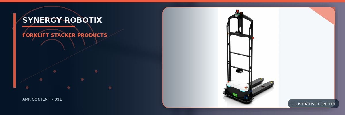 Compact autonomous pallet stacker in a white studio, three-quarter view5-metre lift