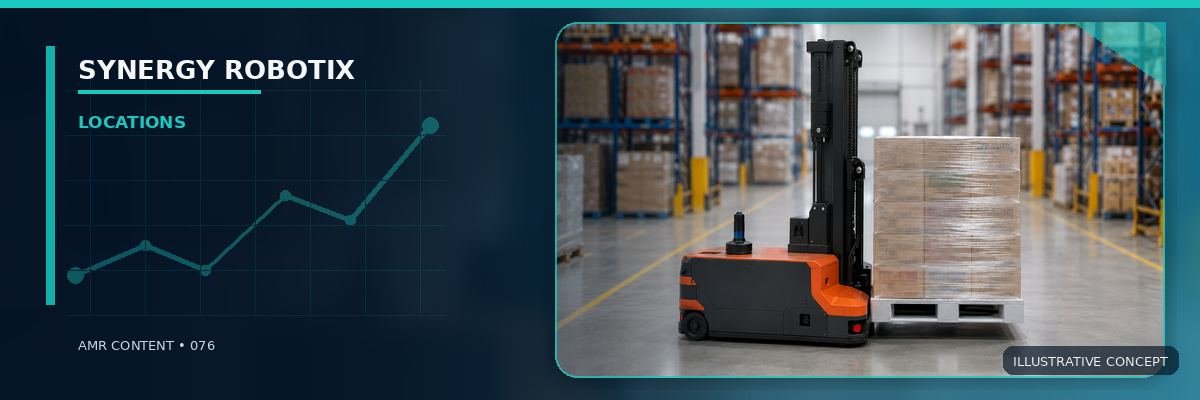 Red autonomous forklift carrying a wrapped finished-goods pallet in a warehouse