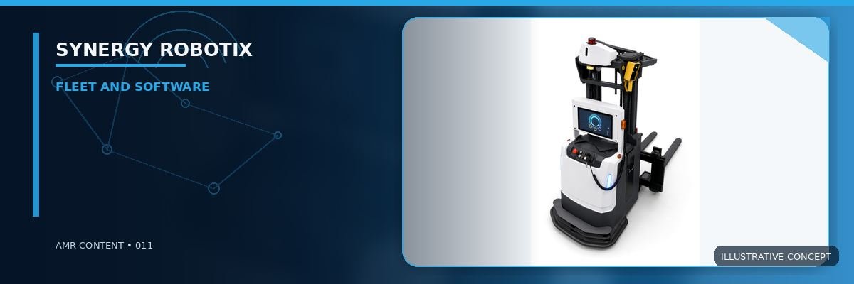 Compact mobile manipulator and autonomous stacker in a white studio, three-quarter view