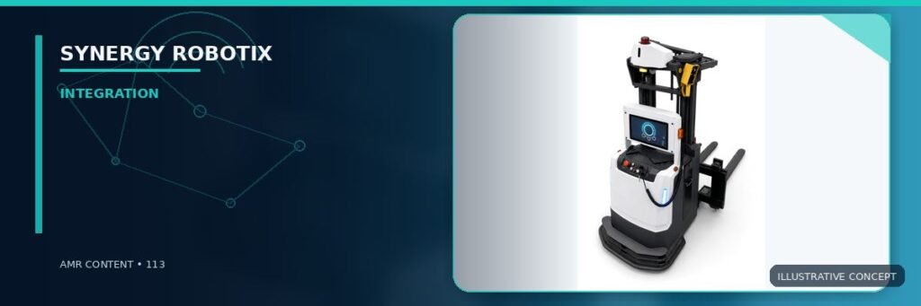 Compact mobile manipulator and autonomous stacker in a white studio, three-quarter view