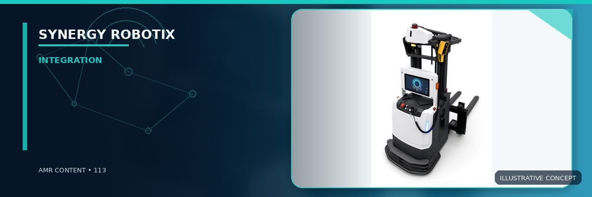 Compact mobile manipulator and autonomous stacker in a white studio, three-quarter view