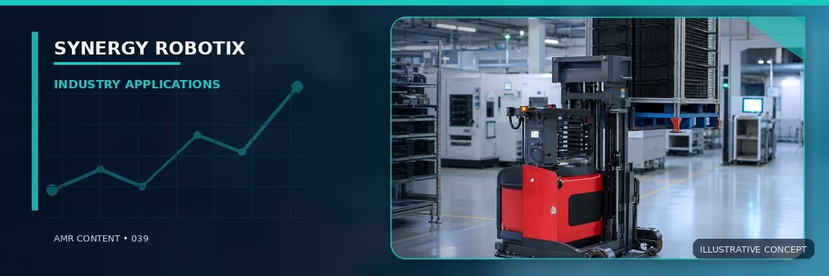 Red autonomous forklift carrying an industrial rack in a clean factory