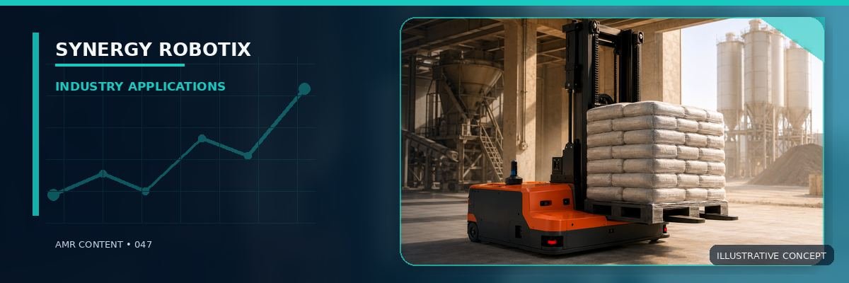 Red autonomous forklift carrying palletized cement bags in an industrial facility