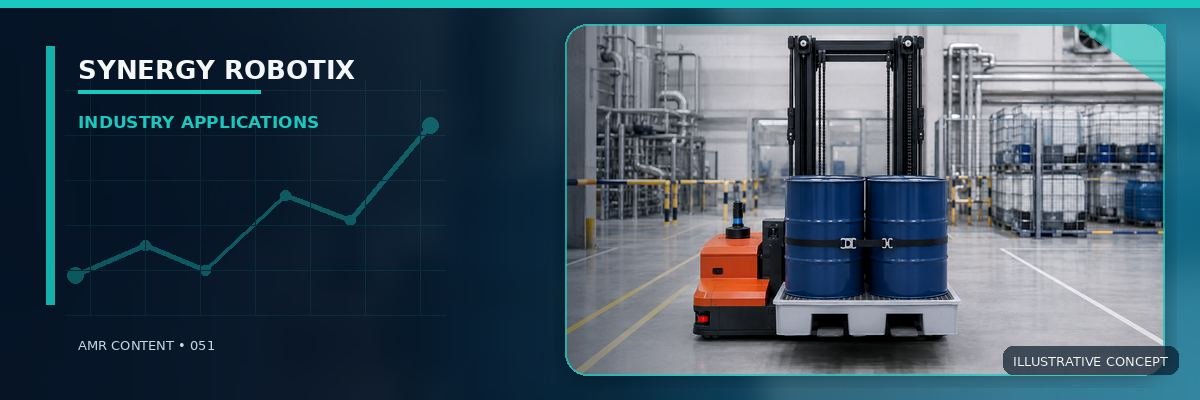 Red autonomous forklift carrying sealed industrial drums in a process facility