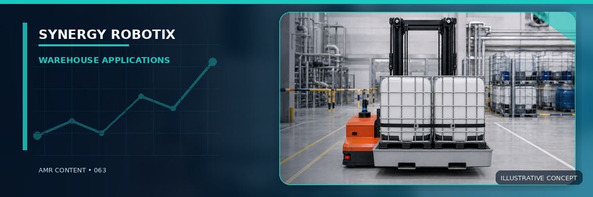 Red autonomous forklift carrying a sealed IBC container in a chemical facility