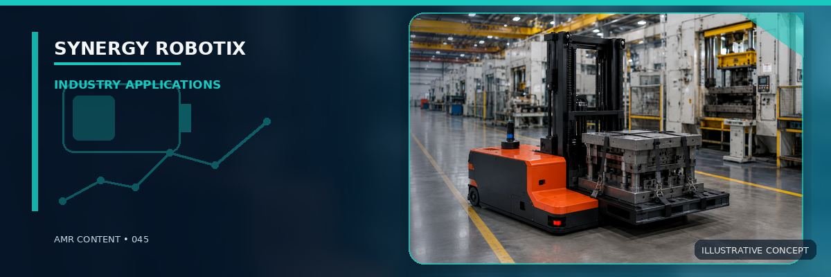 Red autonomous forklift transporting a heavy press-die carrier in a factory