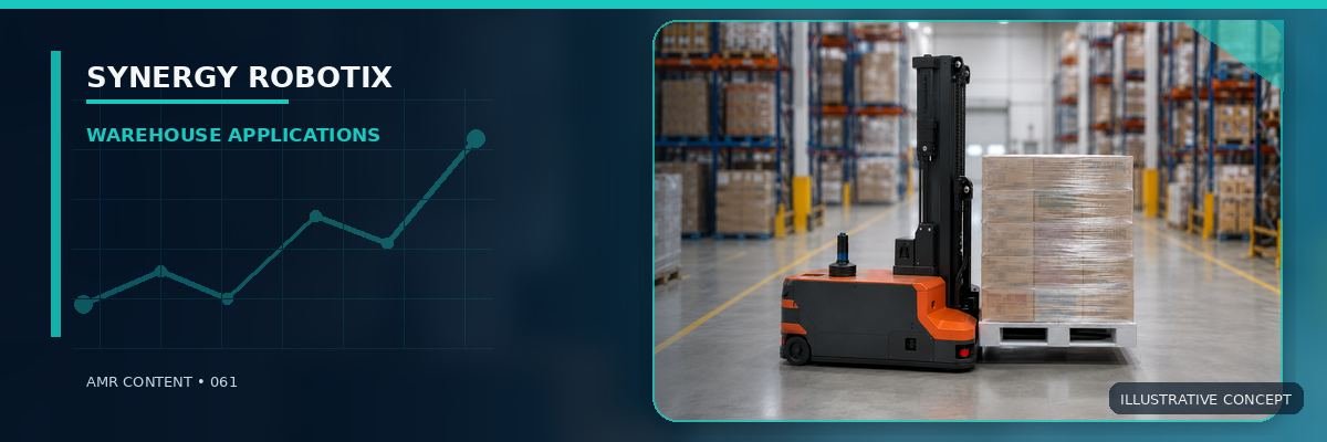 Red autonomous forklift carrying a wrapped finished-goods pallet in a warehouse