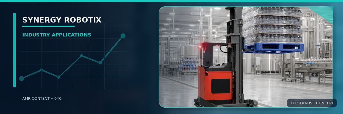 Red autonomous forklift carrying packaged FMCG goods in a clean processing facility