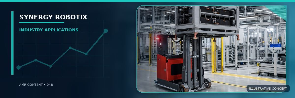 Red autonomous forklift carrying a large industrial rack in a production facility