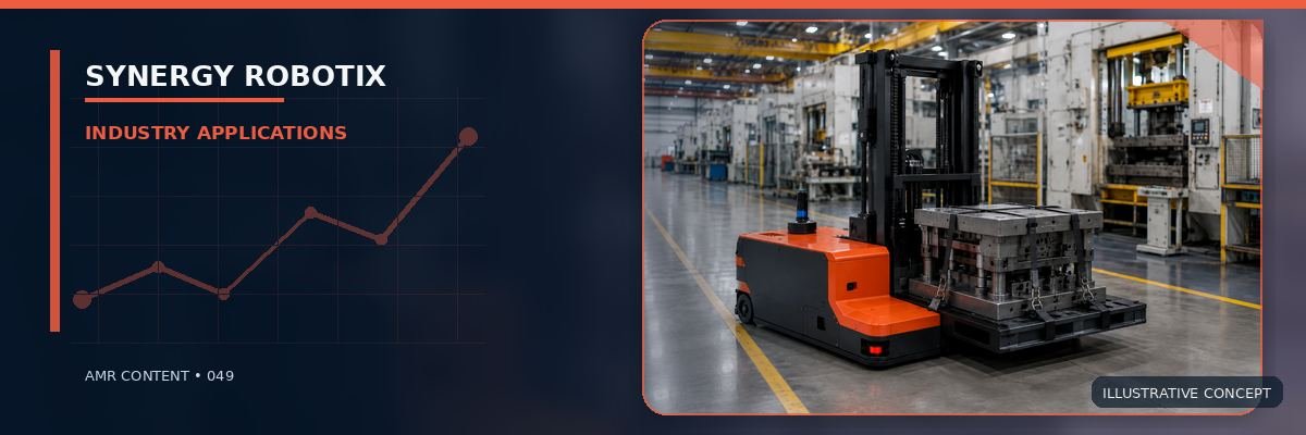 Red autonomous forklift transporting a heavy press-die carrier in a factory