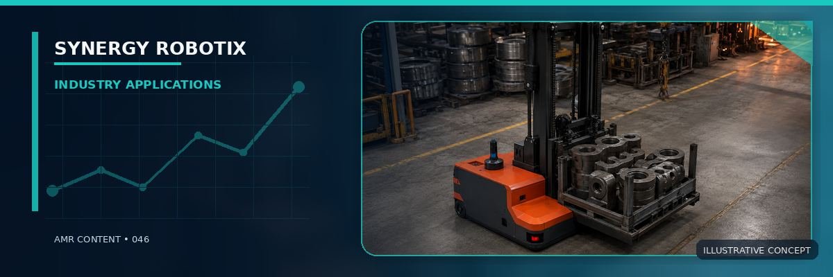 Red autonomous forklift transporting heavy cast components in a foundry
