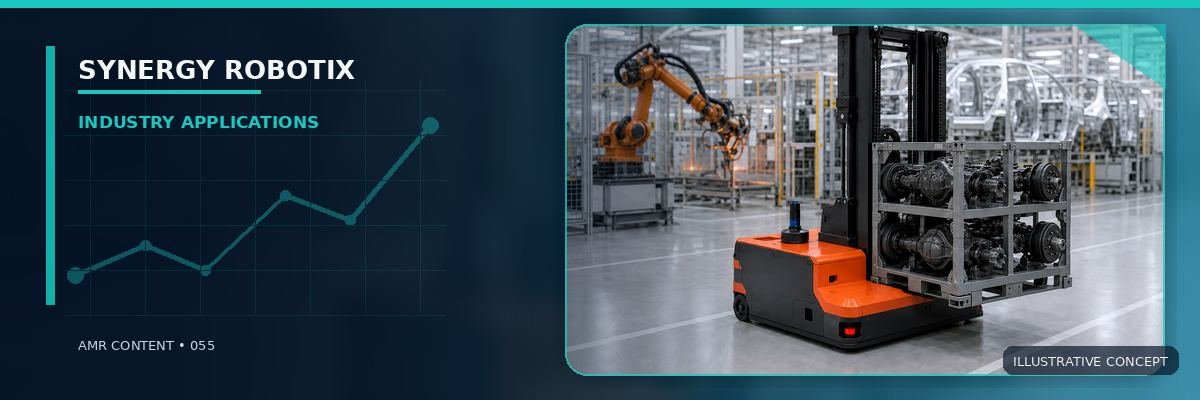 Red autonomous forklift transporting industrial tyres in a rack