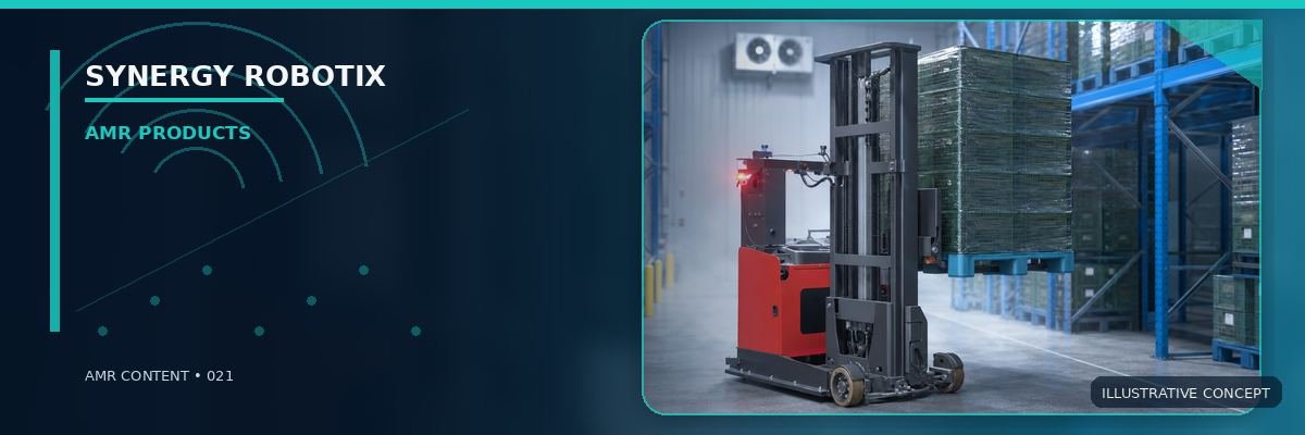 Red autonomous forklift handling a wrapped pallet near warehouse racking
