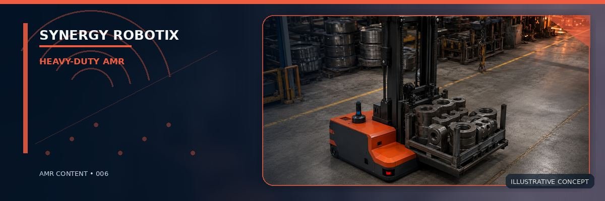 Red autonomous forklift transporting heavy cast components in a foundry