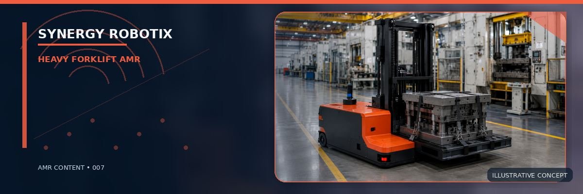 Red autonomous forklift transporting a heavy press-die carrier in a factory