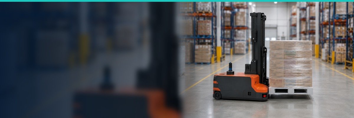 Warehouse transport AMR carrying a pallet through a storage aisle
